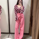 goosudu New Pink Pants Women High Waist Wide Leg Trousers Woman Casual Baggy Pant Suits Spring Streetwear Wide Pants