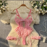 Women Sexy Floral Lace Strappy Bodysuit Fashion One Piece Rompers Lingerie Erotic Tight Embroidery Combination Catsuit