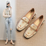 New Women Casual Shoes Pumps Spring Fashion Girl Star Embroidery Pearl Flax Chain High Heel Shoes Slip-on Loafers