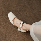 Summer New Women Shoes Square Toe High Heels Cover Heel Shoes Women Genuine Leather Women Sandals Concise Retro Mary Janes