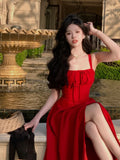 goosudu French Elegant White Strap Midi Dress  Summer New Casual Evening Party Dress Women Beach Sleeveless Lace-up Red Dress Korean