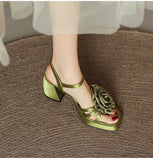 goosudu Woman Shoes New Summer Fashion Chunky High Heels Platform Black Green Sweet Flower Dress Party Female Sandals