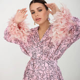 Flowers Print Feather Sleeves Sleepwear Abstract Pattern Loungewear Women Pajama Fashion Women's Clothing Sets Suit