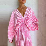 New Fashion Long Sleeve Folds Slim Long Dress  Chic Solid Color Ruffles Dresses Sexy V-Neck High Split Female Party Dress