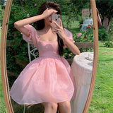 woloong Fairy Dress Pink Dress New Summer Organza Fairy Dress Female Sweet Puff Sleeves Mesh Square Collar Princess Dress Women's Clothing