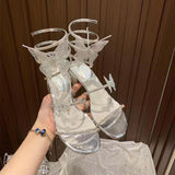 Summer New Women's Sandals Fashion Luxury Rhinestone Butterfly Snake Surround Chunky Heel Banquet Shoes