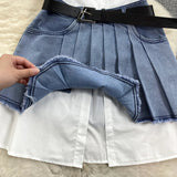 goosudu  Fashion American Retro Y2K Sexy Denim Suits Women Strapless Mini Top+ Pleated Mini Skirt Vintage Beach Two Pieces Set