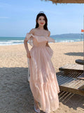 summer new lady ruffle edge off shoulder dress sweet fashion sexy long robe femme pink women slim elegant charming fairy dresses