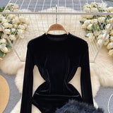 goosudu Autumn Long Sleeves Bodysuits  Women O Neck Open Crotch Velvet Slim Playsuits+Plush Sexy Mini Skirt Suits