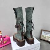 Autumn and Winter New Fashion Two Knee length Boots Women's Denim Washed Shell Head Thick bottomed Tooling Boots