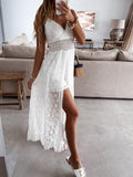 Women Spaghetti Straps Long Beach Dress Boho Summer Sleeveless Hollow Out Floral Lace Playsuit Sundress Lady Outfit