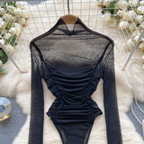 goosudu Autumn Mesh Basic Top Women Turtleneck Long Sleeve Ruched Open Crotch Slim Playsuits Fashion Sheer Sexy Bodysuits