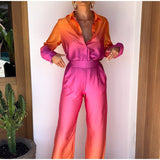 Gradient Color Two-Piece Pants Suits Women Pajamas Set Long Sleeve Lapel Button down Shirts+High Waist Long Pants Lady Outfit