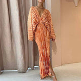 New Fashion Long Sleeve Folds Slim Long Dress  Chic Solid Color Ruffles Dresses Sexy V-Neck High Split Female Party Dress