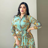 New Arrivals Dress For Women's Muslim French Elegant Long Sleeve Blouse Collar Dress Middle East Pearl Green Printed Skirt