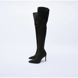 goosudu High Heel Over Knee Boots For Women Winter New Brand Ladies Black Elastic Satin Pointy Side Zip Slim Heel Stiletto Boots