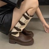New Women Knee High Chelsea Boots Flats Casual Shoes Winter Designer Platform High Boots Goth Shoes Motorcycle Snow Botas