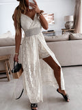 Women Spaghetti Straps Long Beach Dress Boho Summer Sleeveless Hollow Out Floral Lace Playsuit Sundress Lady Outfit