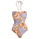 Hanging Neck Strap Printing Slim Bikini One-piece Sexy High Waist Swimsuit Beachwear Fashion Push-up Swimming Female