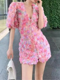 Three-dimensional Flower V-neck Women Dress Summer New Temperament Gauze Vestidos Sweet Short Sleeve Mini Dresses