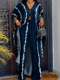 Printing V-neck Long Sleeve Two Piece Set Single-button Decor Split Top Wide Leg Pants Female Casual Loose 2 Piece Suit