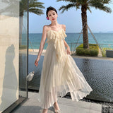 Summer White Lace Suspender Dresses Women's Elegant Pleated Long Dresses  New Female Backless Sexy Beach Vacation Dresses