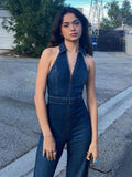 Hugcitar Denim Jumpsuit V Neck Zipper Bell Sleeveless Sexy Outifts Elegant Backpacker  Party Summer