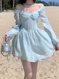 goosudu Fairy Dress Long Sleeve Dress Female Blue Sweet A-Line Summer High Waist Vintage Slim Fairy Dress Princess Dress Sundress Beachwear Holiday