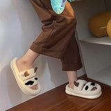 woloong New Design Women Winter House Furry Slippers Couple Fluffy Fur Home Slides Flat Indoor Floor Shoes Ladies Cute Flip Flops