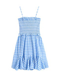 goosudu Orange Plaid Print Vintage Women Pleated Trimmed Summer Dress Backless Elastic New Gingham Mini Beach Dress Boho