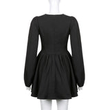 woloong  New Fashion Elegant Puff Long Sleeve Black Dress Women Corset Summer Clothes Goth Sexy Party Club Outfits Mini Pleated Skirt Y2k