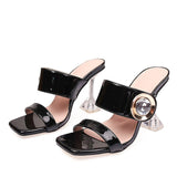 New Transparent Heels 9CM Slippers Outdoor Fashion Metal Crystal Buckle Designer Sandal Women Slides Party Dress Shoe