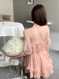 Mini Fairy Dress Lace-up Halter A-line Off Shoulder Pink Ruffle Chiffon Fluffy Dress Summer Women Dresses Beachwear Clothi