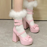 New Women Mary Janes High Heels Shoes Chunky Sandals Summer Fashion Retro Bow Lolita Shoes Party Platform Pumps Zapatos