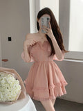 Mini Fairy Dress Lace-up Halter A-line Off Shoulder Pink Ruffle Chiffon Fluffy Dress Summer Women Dresses Beachwear Clothi