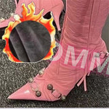 New Women Slim High Heel Metal Buckle Chain Luxury Shoes Fashion Comfortable Pointed Toe Ankle Boots Stiletto Party Short Boots