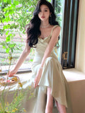 goosudu New Summer French Fashion Women Spaghetti Strap Elegant Long Mermaid Ruffles Dresses Evening Party Prom Clothes