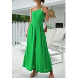 Waist Folds Backless Double Strap Casual Wide Leg Jumpsuit Long Pants Green  New Female Loose  Jumpsuit