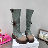 Autumn and Winter New Fashion Two Knee length Boots Women's Denim Washed Shell Head Thick bottomed Tooling Boots