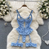 Women Sexy Floral Lace Strappy Bodysuit Fashion One Piece Rompers Lingerie Erotic Tight Embroidery Combination Catsuit