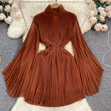 Elegant Solid Stand Collar Fold Waist Closed Dress Women Leisure Pleated Vestido Female Summer New Tide Fashion