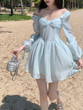 goosudu Fairy Dress Long Sleeve Dress Female Blue Sweet A-Line Summer High Waist Vintage Slim Fairy Dress Princess Dress Sundress Beachwear Holiday