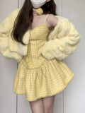 goosudu Sweet Yellow New Two Piece Set Women Short Solid Coat + Sexy Strap Dress Female Korean Style Cute Party Mini Dress Suits 2024