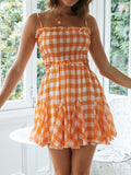 goosudu Orange Plaid Print Vintage Women Pleated Trimmed Summer Dress Backless Elastic New Gingham Mini Beach Dress Boho