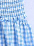 goosudu Orange Plaid Print Vintage Women Pleated Trimmed Summer Dress Backless Elastic New Gingham Mini Beach Dress Boho