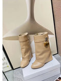 Autumn/Winter New Fashion Large Lock Waist Skirt Boots High Heel Leather Thick Bottom Side Zipper Women's Short Boots