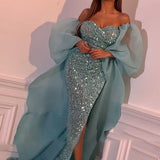 woloong new Hot Sale sexy mesh wrap sheath prom evening dress Deep V Neck Long Sleeve Side Slit Mermaid Evening Dress