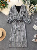 Summer Elegant Fashion Retro Court Style Dress Women's Dress New Style Temperament V-neck Lace Up Waist Dress Robe Argent