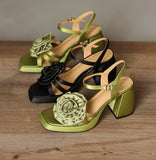 goosudu Woman Shoes New Summer Fashion Chunky High Heels Platform Black Green Sweet Flower Dress Party Female Sandals