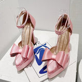 New Fashion Pink Bowknot Pointed Toe Super High Heels Platform Pumps Women Sandals Party Wedding Banquet Shoes Size 35-42